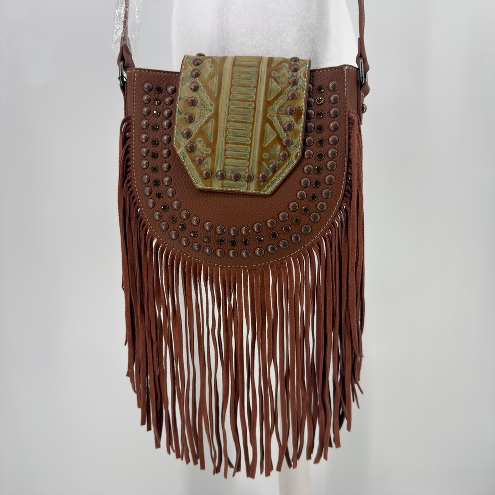 Trinity Ranch Studded Fringe Crossbody Bag Western Boho Tooled Flap
